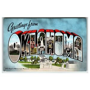 Vintage Greetings From Oklahoma Linen Large Letter Postcard Will Rogers Museum